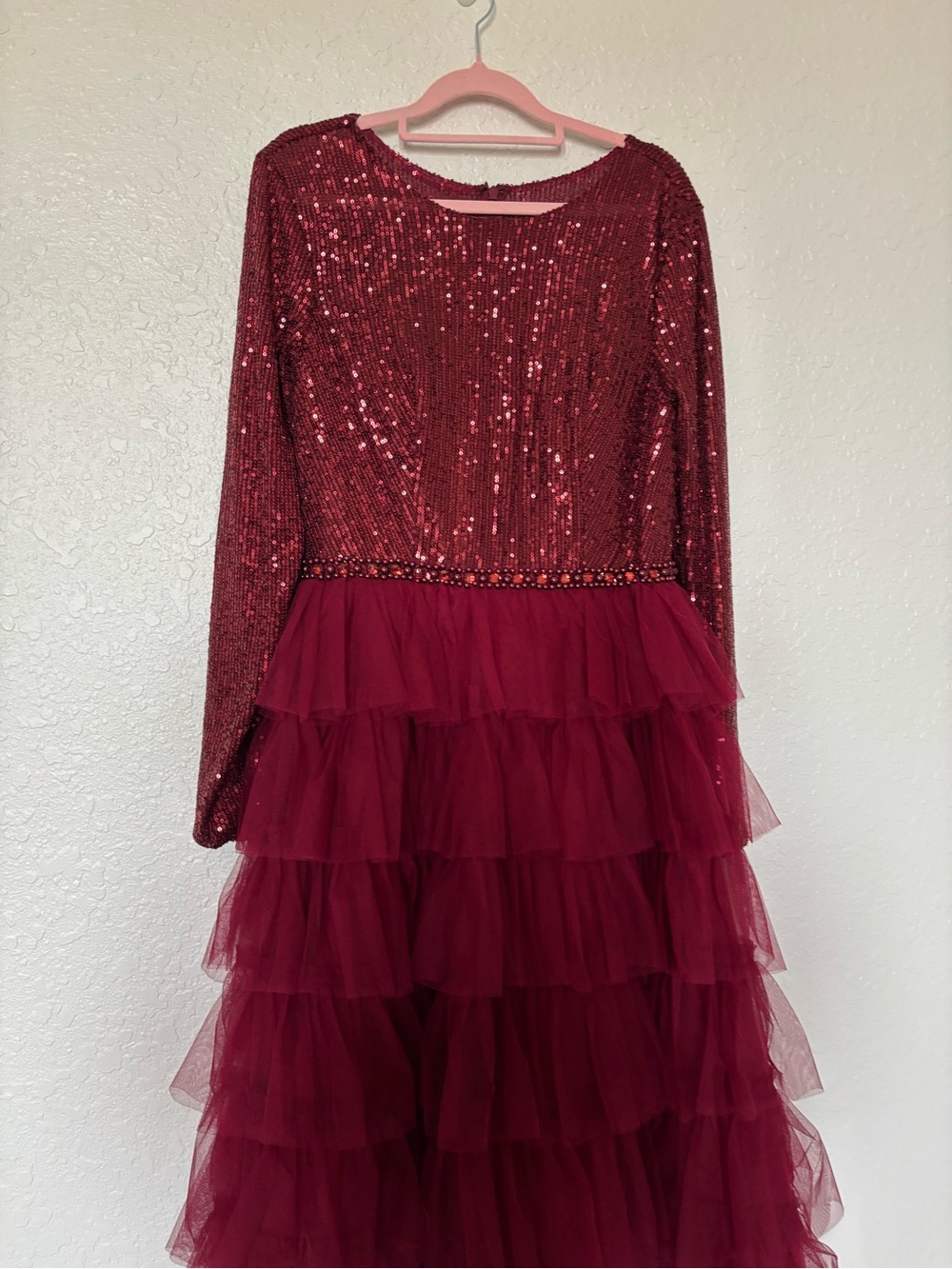 IEENA for Mac Duggal Style 26299 Burgundy Sequin Bodice Tiered Tulle Midi Dress - Picture 16 of 16
